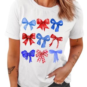 Women's White USA Inspire Bow Print Crewneck Tee - Perfect for Independence Day