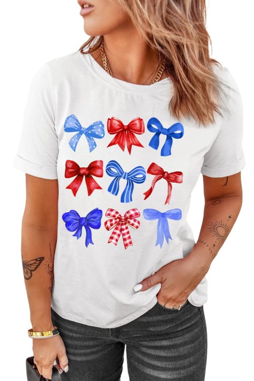 Women's White USA Inspire Bow Print Crewneck Tee - Perfect for Independence Day