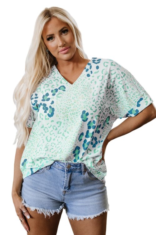 Women's Green Mixed Leopard Print V Neck Short Sleeve Blouse - Casual Summer Top