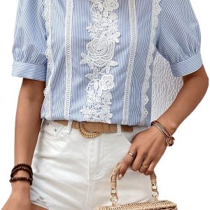 Women's Sky Blue Stripe Floral Lace Splicing Puff Sleeve Blouse for Elegant Summer Style
