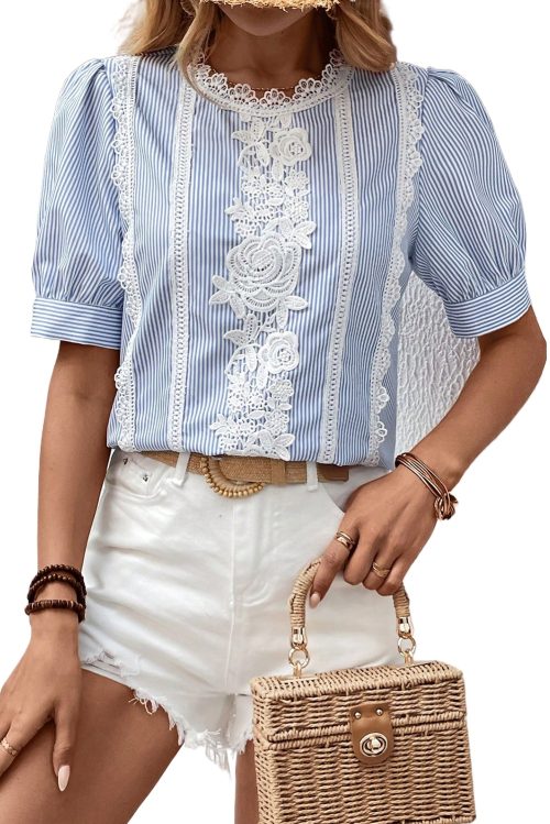 Women's Sky Blue Stripe Floral Lace Splicing Puff Sleeve Blouse for Elegant Summer Style