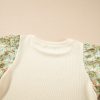 Women's Beige Contrast Floral Bubble Sleeve Patchwork Ribbed Top - Chic & Elegant - Image 16