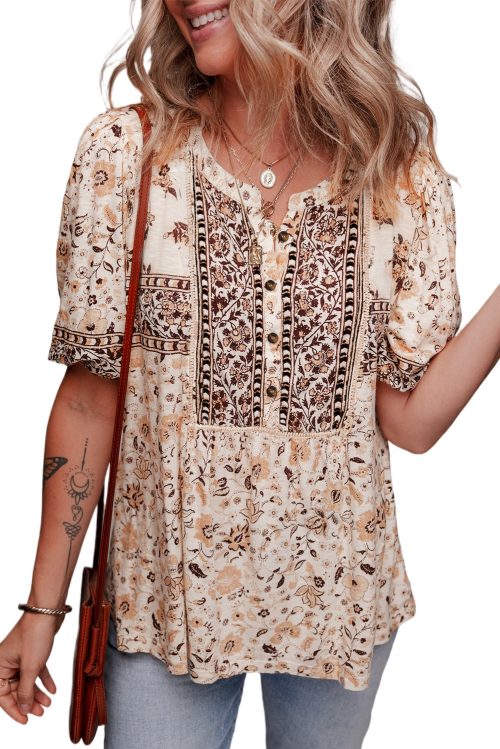 Women's Khaki Boho Floral Print Loose Blouse with Half Placket and Short Sleeves