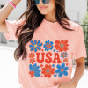 Women's Pink Shimmer USA Letter Printed Casual T-Shirt with Floral Design - Image 3