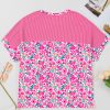 Plus Size Women's Pink Floral Print Corded Patchwork Loose Top - Image 7