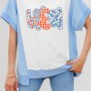 Women's Sky Blue USA Graphic Color Block Crewneck T-Shirt with Star and Plaid Design - Image 5