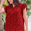 Fiery Red Floral Print Plus Size Shift Top with Ruffle Sleeves - Image 5