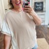 Plus Size Parchment Twist Rib Colorblock Hi Low Short Sleeve Top for Women - Image 6