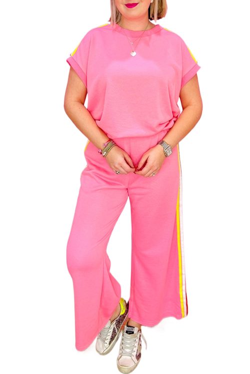 Women's Bonbon Color Contrast Crewneck T-Shirt and Wide Leg High Waist Pants Set