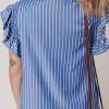 Women's Sky Blue Stripe Frilly Split Neck Shirred Ruffle Sleeve Mini Dress - Image 7