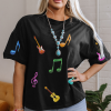 Women's Black Oversized Graphic Tee with Guitar Music Notes Patch - Image 5