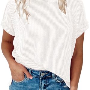 Women's White Textured Knit T-Shirt with Exposed Stitching
