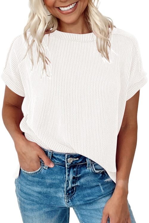 Women's White Textured Knit T-Shirt with Exposed Stitching