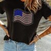 Women's Black Rhinestone American Flag Casual Round Neck Tee - Image 6