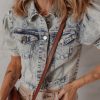 Women's Beau Blue Light Wash Puff Sleeve Denim Jacket with Buttoned Chest Pockets - Image 3