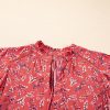 Women's Red Floral Crinkled Blouse with Tie Split Neck and Short Flounce Sleeves - Image 6