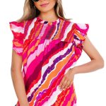 Women’s Rose Abstract Print Shirred Yoke Ruffled Blouse – Lightweight Casual Top
