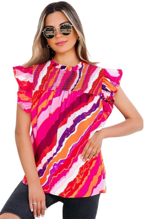 Women's Rose Abstract Print Shirred Yoke Ruffled Blouse - Lightweight Casual Top