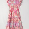 Women's Rose Tribal Paisley Print Ruffled Sleeve Notch Neck Midi Dress - Bohemian Style - Image 13