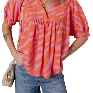Women's Orange Zebra Stripe Print Ruched Cuff Half Sleeve V Neck Blouse