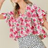 Women's Pink Floral Boxy Fit Ruffled Short Sleeve V Neck Blouse - Image 2
