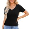 Women's Black V Neck Ribbed Knit Short Sleeve Sweater - Lightweight & Comfortable - Image 2