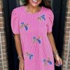 Bright Pink Sequin Bow Spiral Ribbed Puff Sleeve T-Shirt Dress with Flag Pattern - Image 7