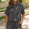 Women's Carbon Grey Twisted Rib Texture Guitar Music Note Patched 2-Piece Short Set - Image 3
