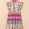 Women's Rose Floral Mixed Pattern Ruffle Flutter Sleeve Buttoned Dress - Image 5