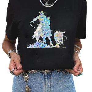 Women's Black Laser Western Cowboy Graphic Crewneck Tee