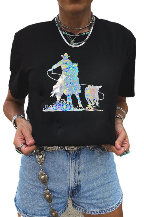 Women's Black Laser Western Cowboy Graphic Crewneck Tee