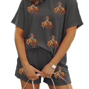 Women's Carbon Grey Western Rodeo Graphic 3D Ribbed Short 2-Piece Outfit