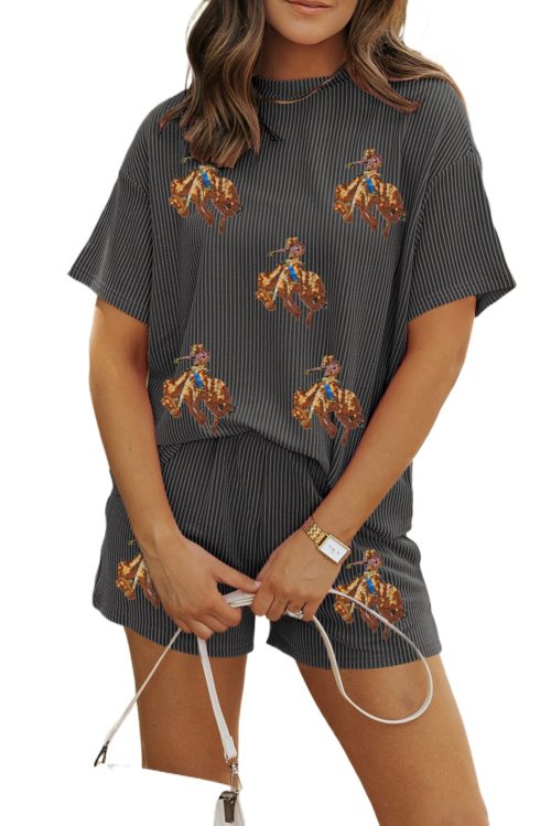 Women's Carbon Grey Western Rodeo Graphic 3D Ribbed Short 2-Piece Outfit