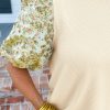 Women's Beige Contrast Floral Bubble Sleeve Patchwork Ribbed Top - Chic & Elegant - Image 12