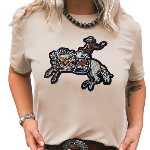 Women's Khaki Sequin Rodeo Graphic Crewneck Tee - Western Inspired Casual Top
