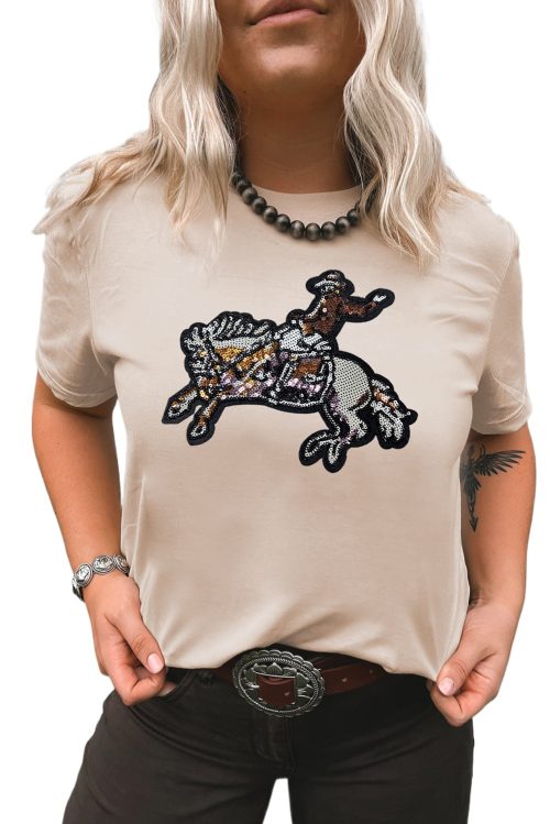 Women's Khaki Sequin Rodeo Graphic Crewneck Tee - Western Inspired Casual Top