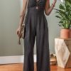 Women's Black Front Cut Out Smocked Back Sleeveless Wide Leg Jumpsuit - Image 4