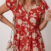 Women's Red Floral Print Midi Dress - Buttoned Front V Neck with Tiered Short Sleeves - Image 5