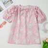 Chic Pink Floral Print Drawstring V Neck Puff Sleeve Blouse for Women - Image 8