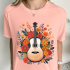 Women's Pink Guitar Flower Print Crew Neck Loose T-Shirt - Casual Summer Tee - Image 4