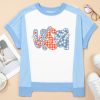 Women's Sky Blue USA Graphic Color Block Crewneck T-Shirt with Star and Plaid Design - Image 7