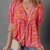 Women's Orange Zebra Stripe Print Ruched Cuff Half Sleeve V Neck Blouse - Image 7