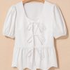 Elegant Women's White Bow Knot Decor Square Neck Puff Sleeve Peplum Top - Image 15