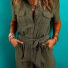 Women's Moss Green Half Button Belted Utility Short Sleeve Jumpsuit - Image 3