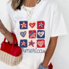Women's White American Heart Star Checkered Graphic Tee - Casual Summer Style - Image 3