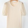 Women's Apricot Polka Dot Mesh Puff Sleeve Textured Blouse - Elegant Casual Top - Image 3