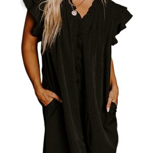 Women's Elegant Black Frilled V Neck Pleated Ruffle Detail Short Shift Dress