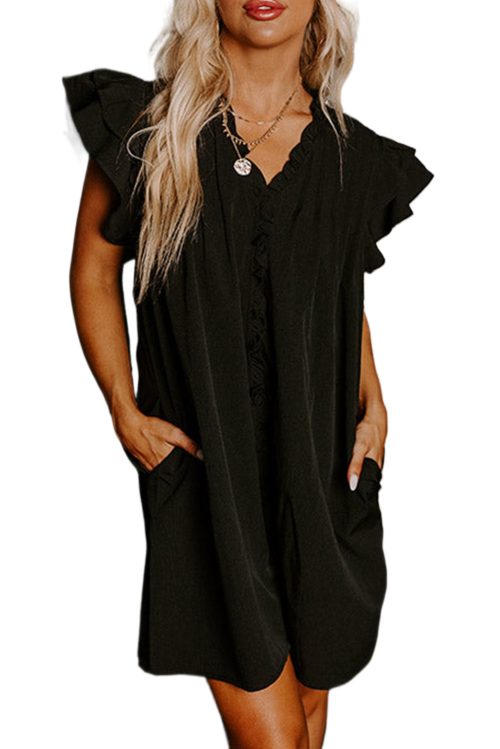 Women's Elegant Black Frilled V Neck Pleated Ruffle Detail Short Shift Dress