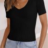 Women's Black V Neck Ribbed Knit Short Sleeve Sweater - Lightweight & Comfortable - Image 11