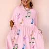 Light Pink Sequined Note Pattern Babydoll T-Shirt Dress for Music Festivals - Image 6